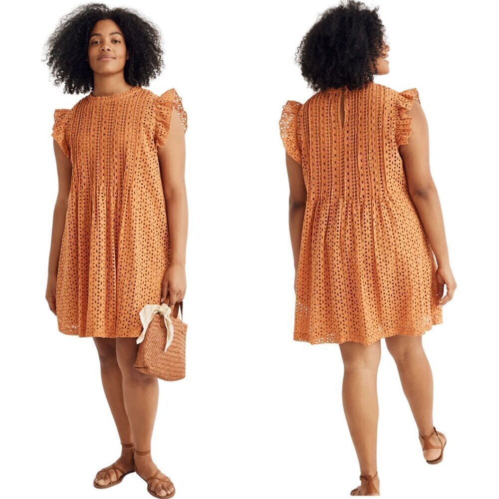 Madewell Eyelet Ruffle-Sleeve Pintuck Mini Dress Women's Small Mulled Cider NWT